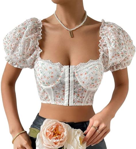 Chyycnych Women S Floral Puff Sleeve Corset Bustier Top Sweetheart Neck