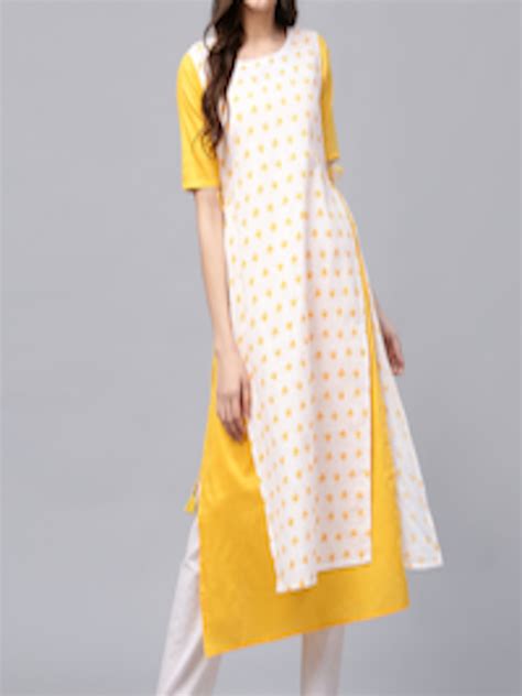 Buy Libas Women Off White And Yellow Printed Layered Straight Kurta Kurtas For Women 1924988