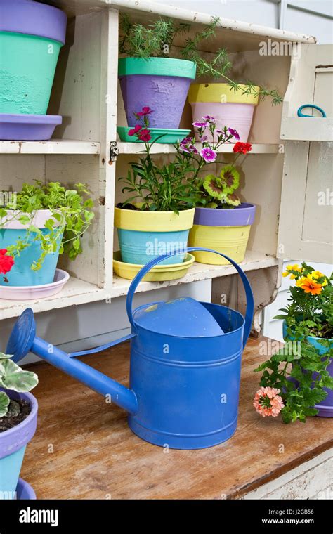 Potting Bench With Containers And Flowers In Spring Marion County