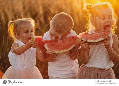 Ein süßes kleines Mädchen das im Sommer ein großes Stück Wassermelone