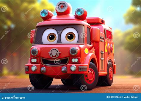 Cute Cartoon Fire Engine Red Colour 3d Character on a Road Stock ...