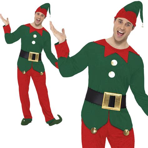 Mens Elf Costume Christmas Santas Helper Fancy Dress Adult Xmas Outfit