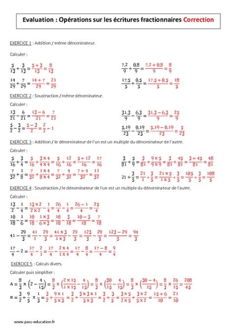 Ecritures fractionnaires 5ème Evaluations sur les opérations Pass