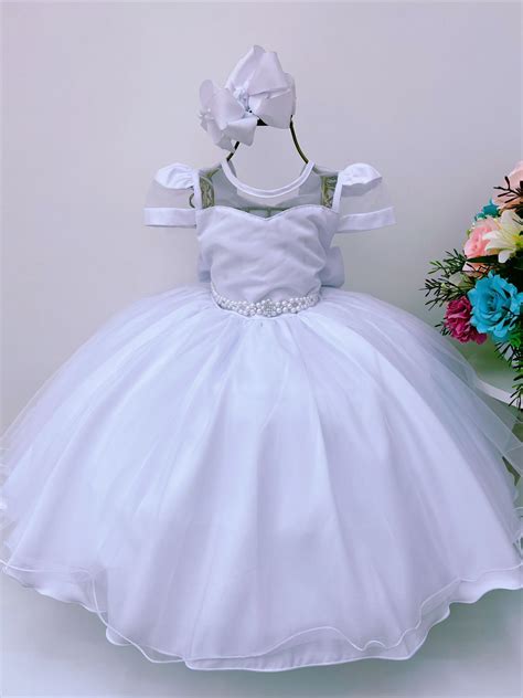 Vestido Infantil Branco Batizado Voal Cinto De P Rolas Rosa Charmosa