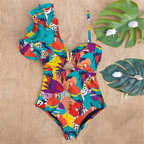 Sexy One Shoulder Ruffle One Piece Swimsuit Print Floral Swimwear Women Swimsuit Bathing Suit