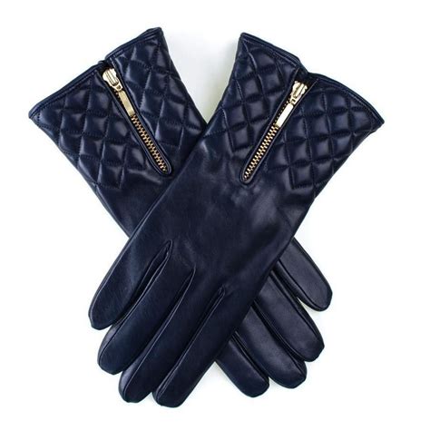 Ladies Navy Leather Quilted Gloves With Cashmere Lining Navy Leather