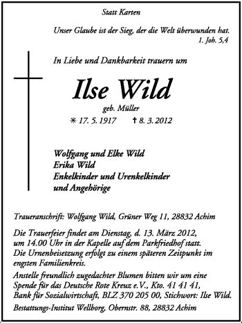 Traueranzeigen Von Ilse Wild Trauer Kreiszeitung De