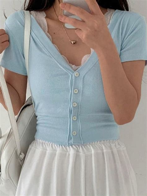 Emmiol Free Shipping 2024 Lace Trim Button Up Ribbed Crop Top Pure Blue