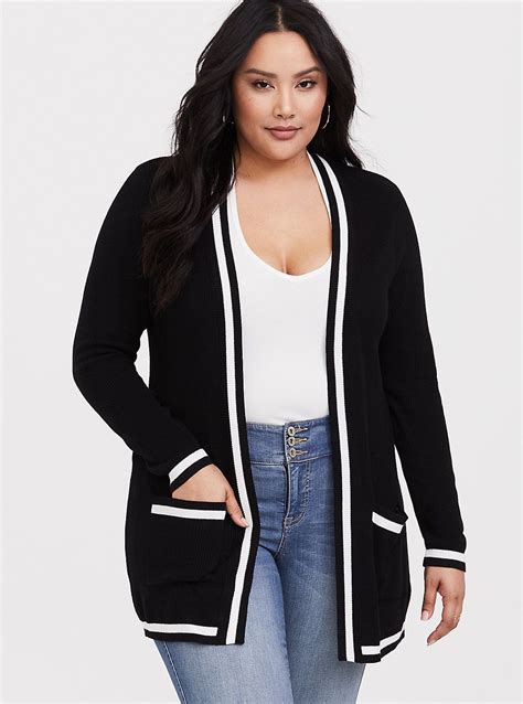 Black Ribbed Varsity Cardigan Plus Size Outfits Varsity Cardigan