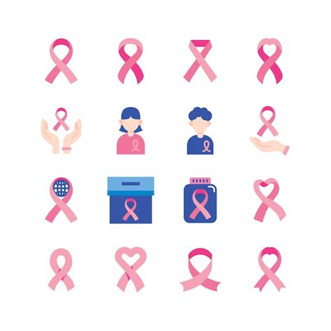 Premium Vector Vector Pink Ribbon Cross Breast Cancer Day Icon Flat Icons Set Women Cancer