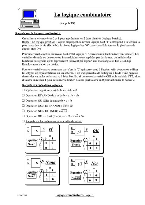 La logique combinatoire On utilisera les caractères 0 et 1 pour