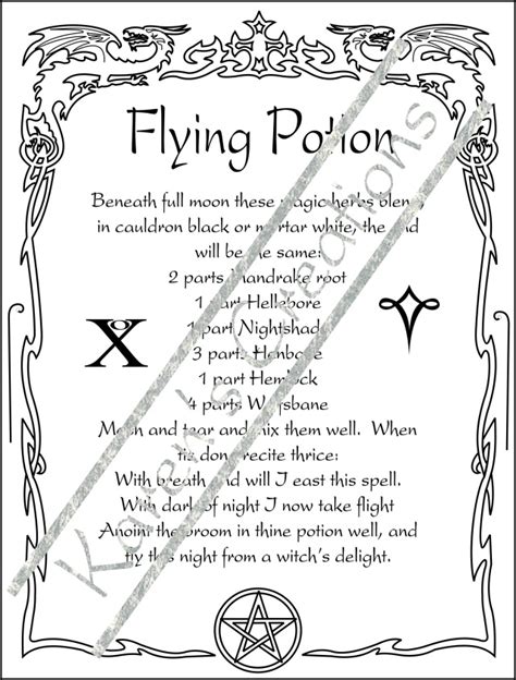 Halloween Spell Book Page Flying Potion Black And White Instant