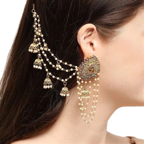 Womens Classic Floral Bahubali Gold Plated Heavy Stone Long Chain Jhumkiearrings Er 1730