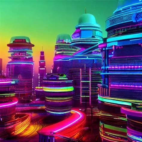 Neon Colored View Of Dystopian City With Futuristic Openart