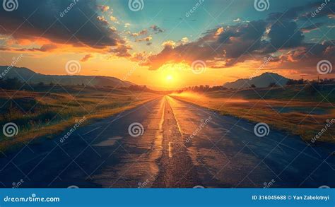 Hot Sun On Empty Highway Creates Mirage With Heat Waves Rising Concept