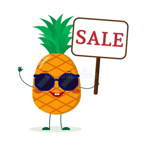 Cute Pineapple Cartoon Character In Sunglasses Keeps A Sale Sign Stock Vector Illustration Of