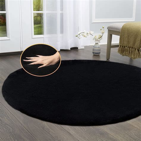 Latepis Round Rugs Ft Faux Rabbit Fur Rug Fluffy Rug For Bedroom Black