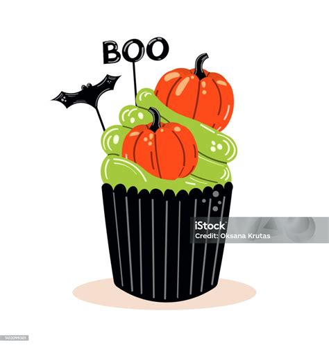 Vector Illustration Of Halloween Cupcake On White Background Happy Halloween Scary Sweets Stock