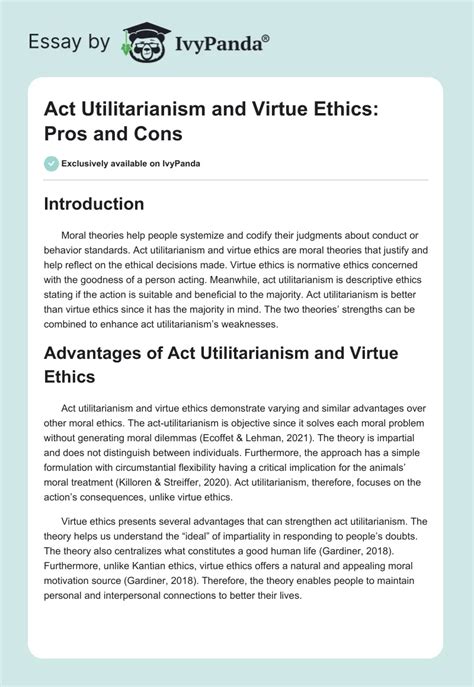 Act Utilitarianism And Virtue Ethics Pros And Cons 641 Words Essay Example