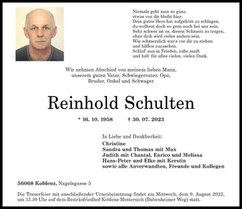 Traueranzeigen Von Reinhold Schulten Rz Trauer De