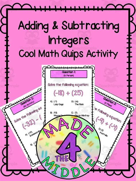 Cool Math Quips Activity Adding Subtracting Integers By Teach Simple