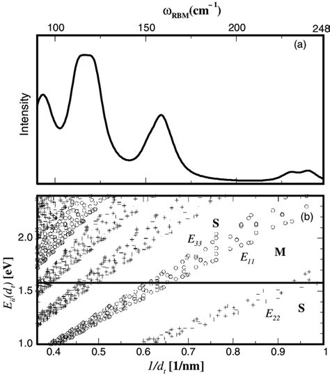 (a) RBM Raman intensity I RBM versus RBM frequency ω RBM for an ...