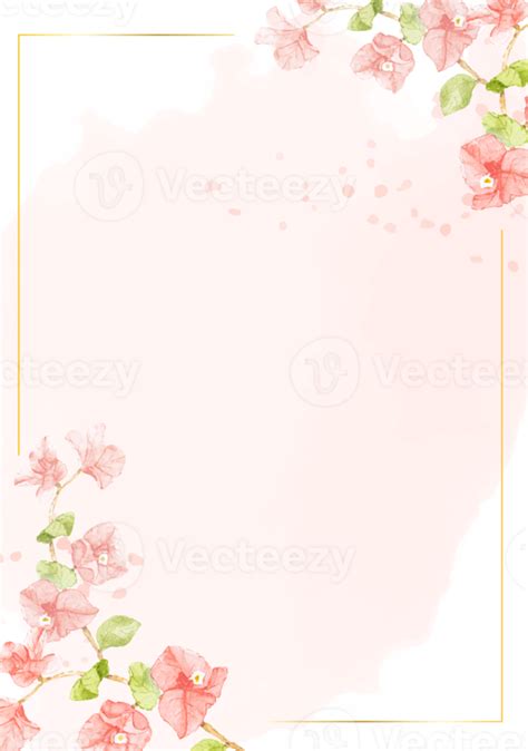 Watercolor Pink Bougainvillea With Golden Frame For Wedding Or Birthday