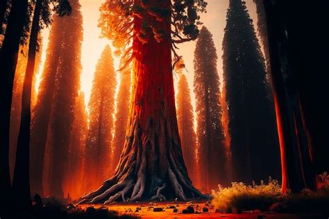 Premium Photo The Sun Sets Behind A Towering Sequoia Casting Warm