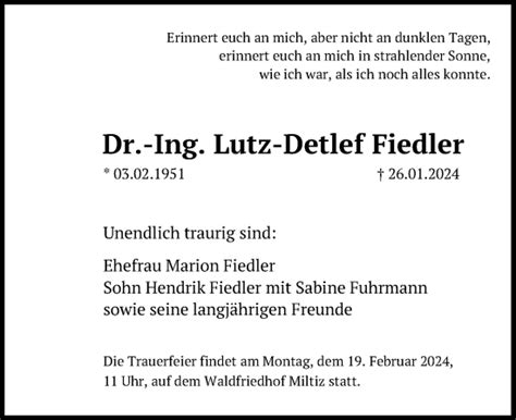 Traueranzeigen Von Lutz Detlef Fiedler Trauer Anzeigen De