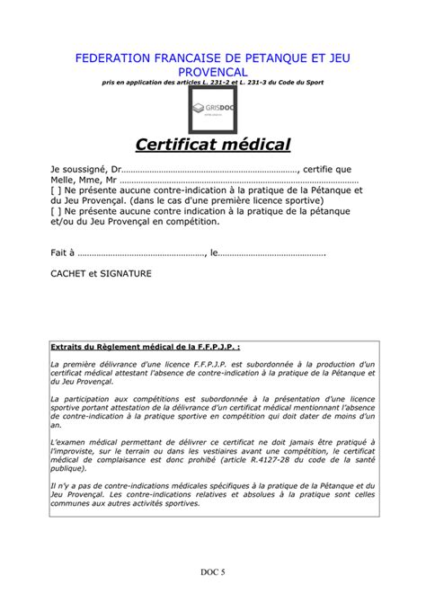 Model De Certificat M Dical Petanque Et Jeu Provencal Doc Pdf