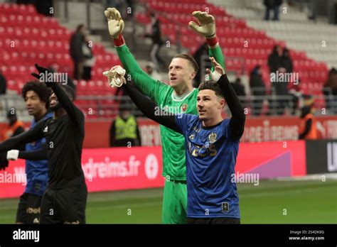 Tom Louchet Of Nice Nice Goalkeeper Marcin Bulka Celebrate The Victory