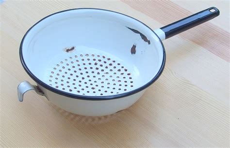 Vintage Enamel Colander White Black Strainer Enamelware