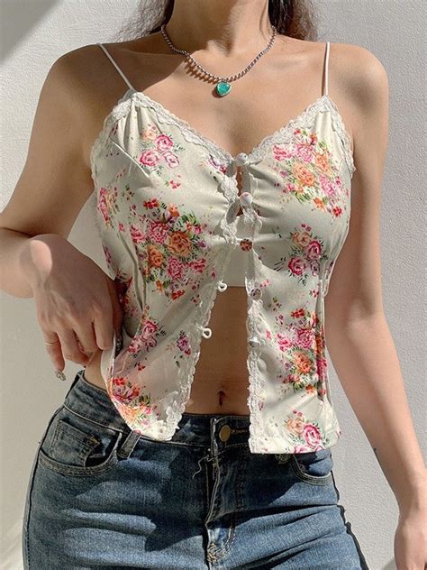 Lace Trim Button Up Floral Cami Top Apricot S In Tank Tops Camis