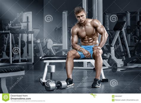 Muscular Man In Gym Working Out Shaped Abdominal Strong Male Naked Torso Abs Stock Image