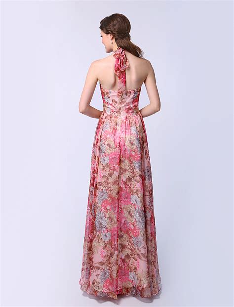 Chiffon A Line Flower Print Prom Dress With Halter Sleeveless Ruched