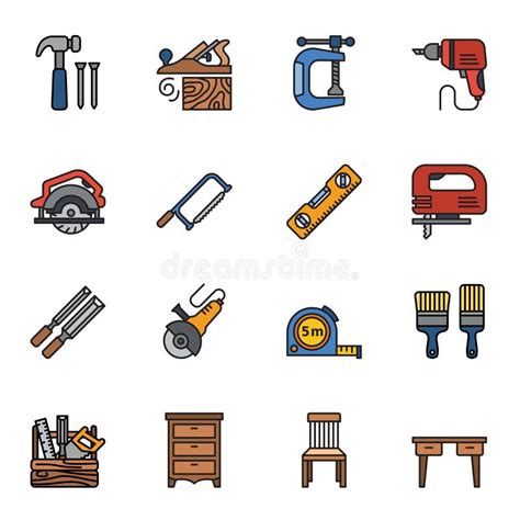 Carpenter Elements Or Woodworker Icon Set Colored Thin Line Style