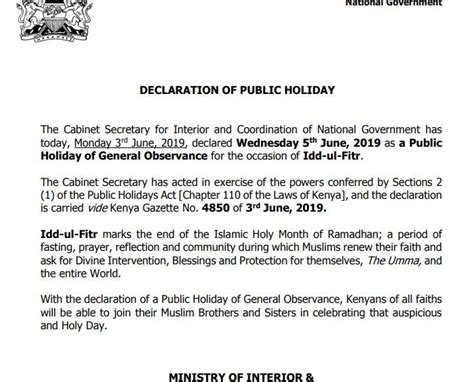 Government Declares Wednesday A Public Holiday