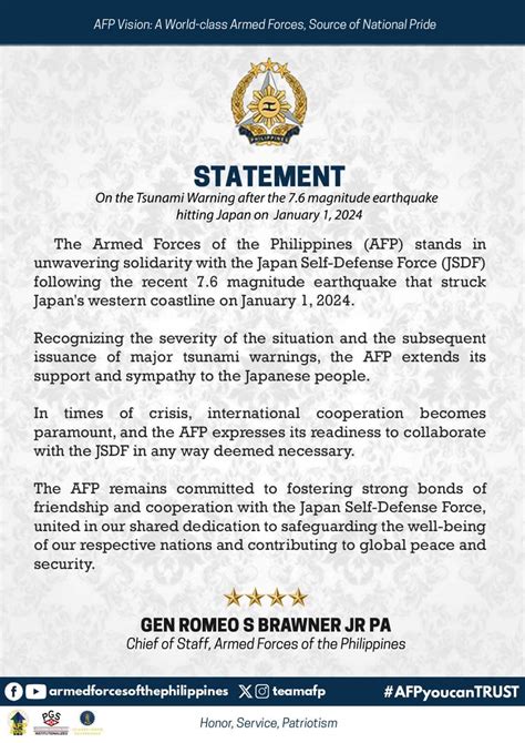 Afp Statement On The Tsunami Warning After The 7 6 Magnitude Earthquake