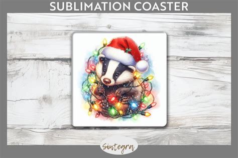 Christmas Badger Entangled In Lights Square Coaster Sublimat