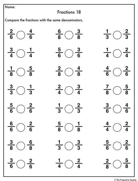 Comparing Fractions With Same Numerator Worksheet