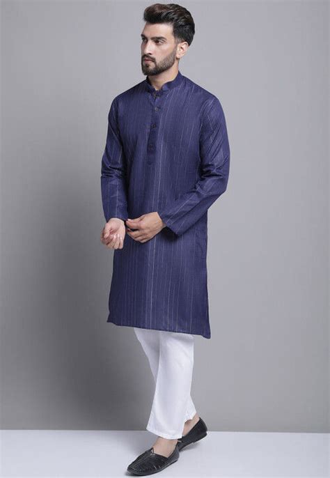 Buy Woven Cotton Jacquard Kurta Set In Navy Blue Online MUC27 Utsav