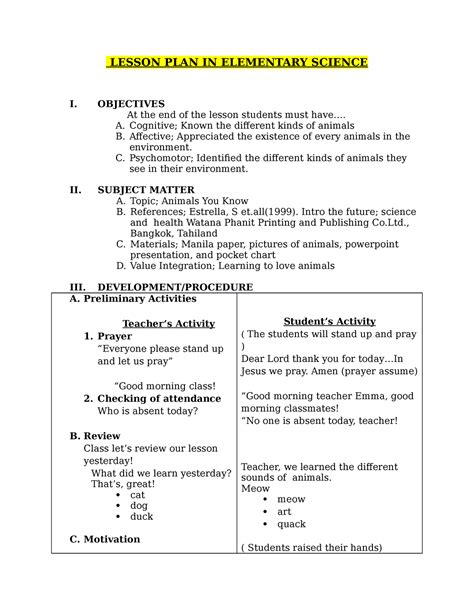 Detailed Lesson Plan Science Lesson Plan In Elementary Science I Objectives At The End Of The