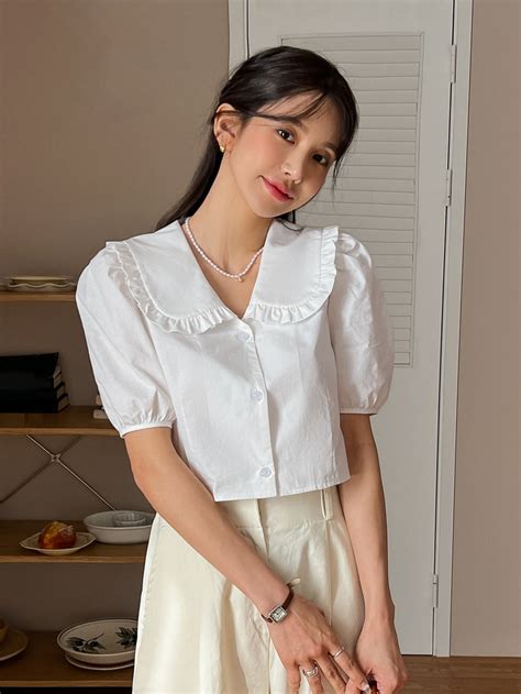 Dazy Statement Collar Puff Sleeve Frill Trim Button Front Crop Shirt