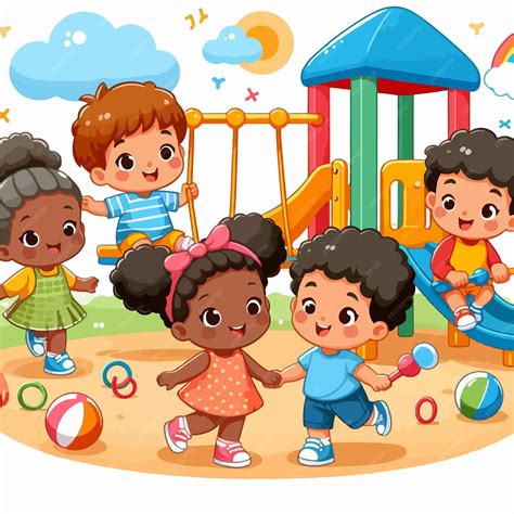 Desenho De Criança Brincar - Crianças de desenho animado bonitas a brincar felizmente num parque ...