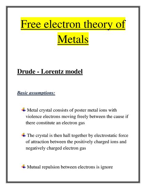 Chapter Free Electron Theory Of Metals Free Electron Theory Of