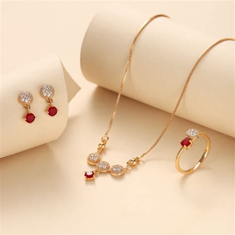 Jual Cod Set Perhiasan Wanita Mewah Ruby Kalung Titanium Rose Gold