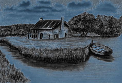 Hut And Boat Pencil Drawing, Pencil Sketch Of A Rural Scene, Scenery Of ...