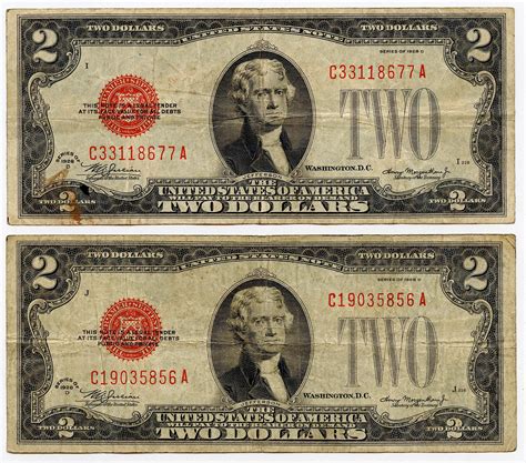 Lot - Pair $2 Dollar Red Seal Bills Series 1928 D