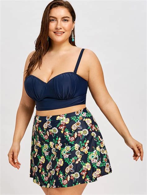 Skirted Plus Size Push Up Floral Bikini Plus Size Swimwear Print