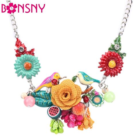 Bonsny Erkl Rung Choker Emaille Blume Halskette Legierung Vogel Metall